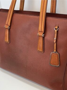 Tumi Two Toned Dark Orange Leather Grained Large Shoulder Tote Bag Travel